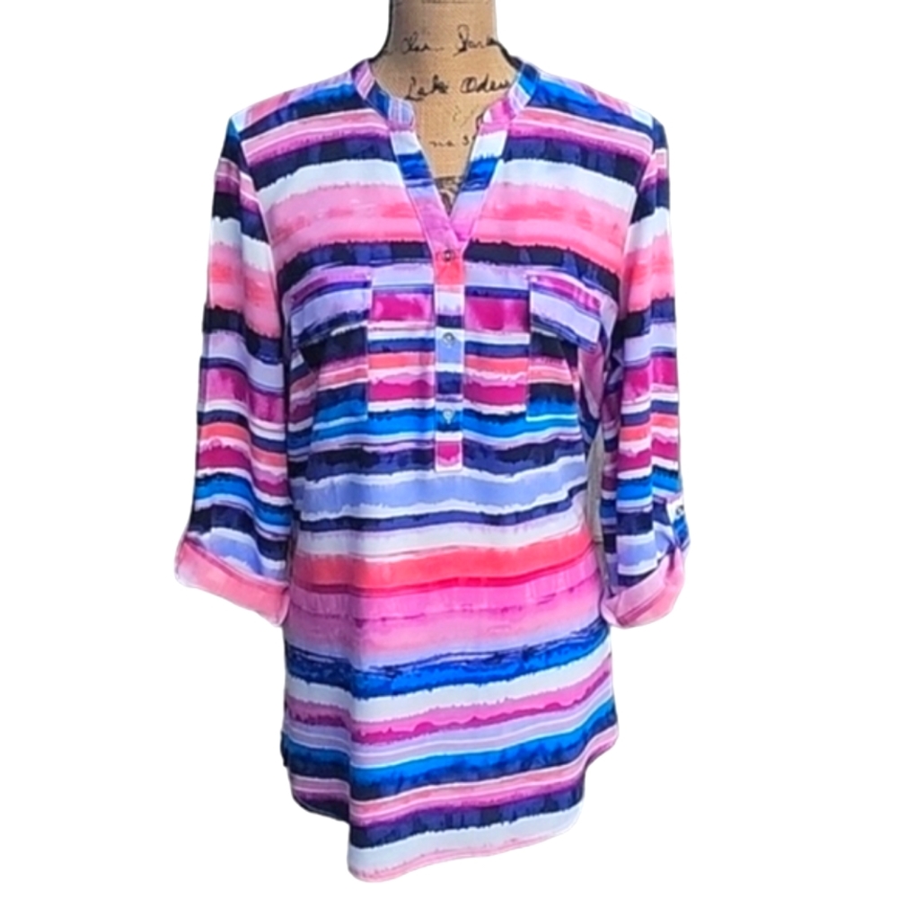 NEW Women's Cato Multi-Colored Striped Top with Roll Tab Sleeves